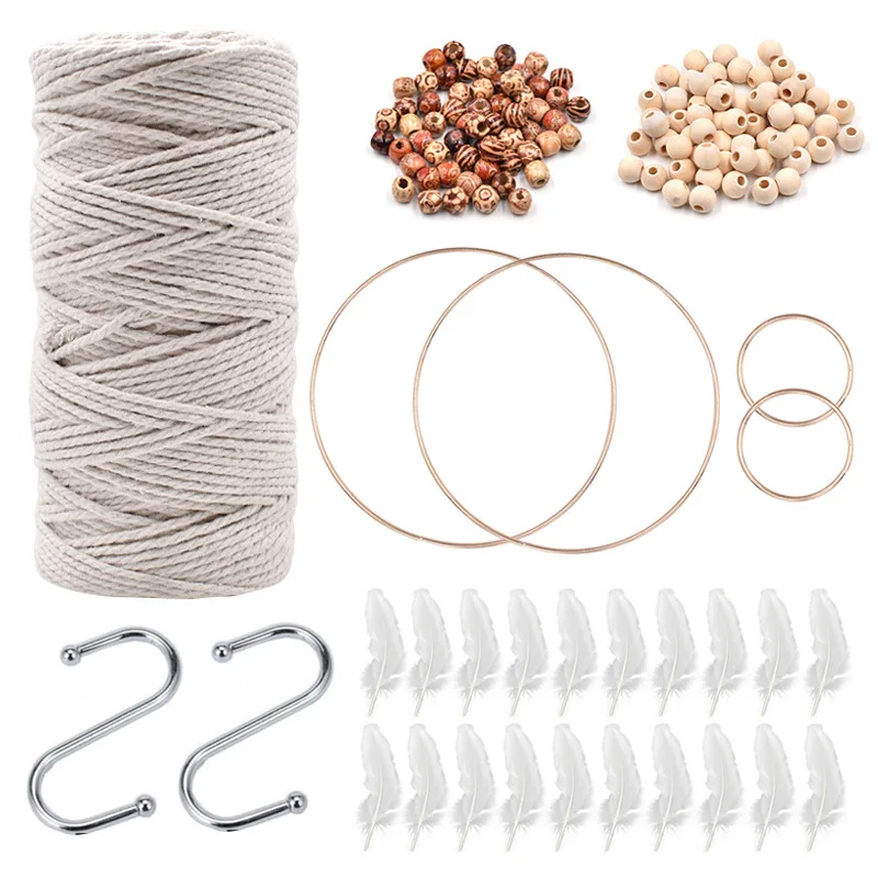 

DIY Macrame Beads Wooden Rings Cord Cotton Ropes Dream Catcher Craft Macrame Kit for DIY Plant Hangers Home Decoration
