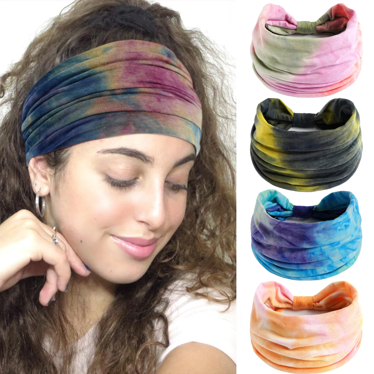

Stretch Rainbow Yoga Sports Head Wraps Elastic Sweat Twist Knotted Thick Wide Tie Dye Turban Headbands For Women