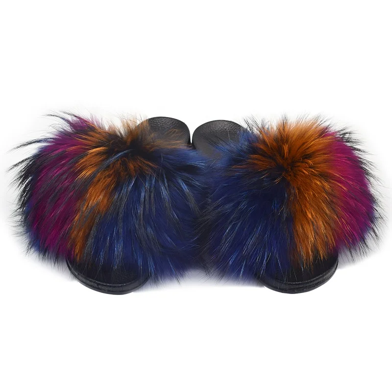 
Popular Fashion Open Toe Comfortable Real Raccoon Big Fur Slides Slippers for Women and Kids 