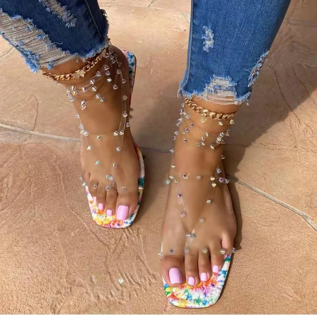 

Summer Square Toe Slippers for Women 2021 Large Size Jelly Gladiator Sandals Women Ladies Rivet Flip Flops, 5 colors