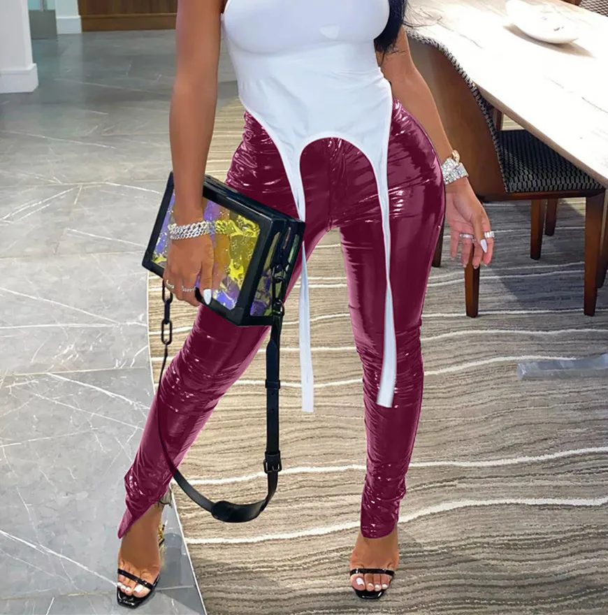 

2021 AUTUMN Collection Clothes Glossy Faux Leather Women's Pants And Trousers With Zipper And Button Slit Design 2021
