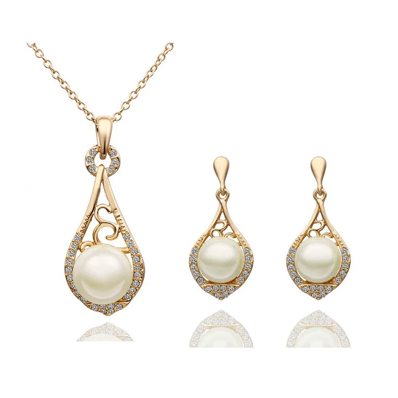 

Classical 2pcs/Set Crystal Rhinestone Pearl Pendant Necklace Earrings Set Waterdrop Imitation Pearl Bridal Jewelry Set