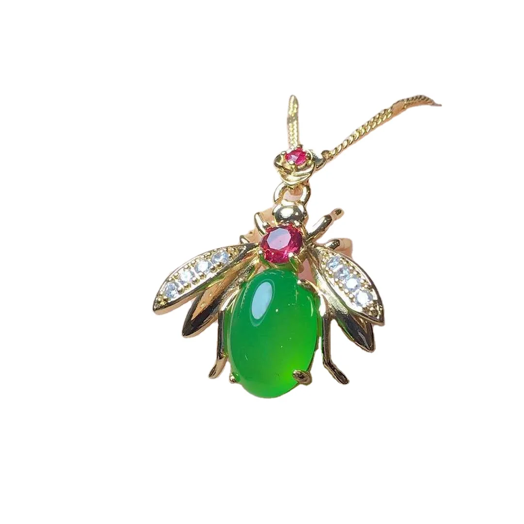 

Golden Inlaid Green Chalcedony Bee Pendant Green Chalcedony Agate Jade