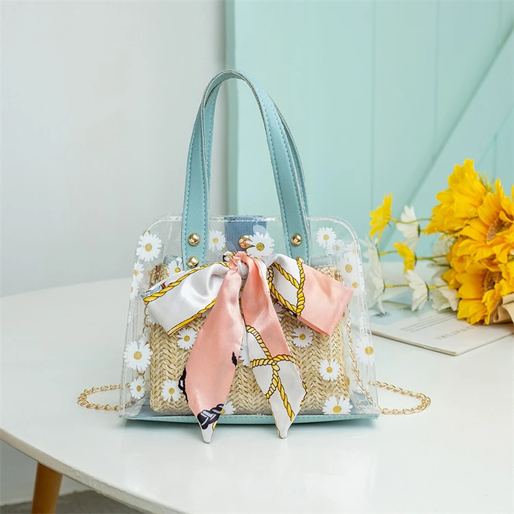 

New women summer bag handbags jelly candy clear pvc purses shoulder weave crossbody purse luxury sling bags straw 2 in 1 sets