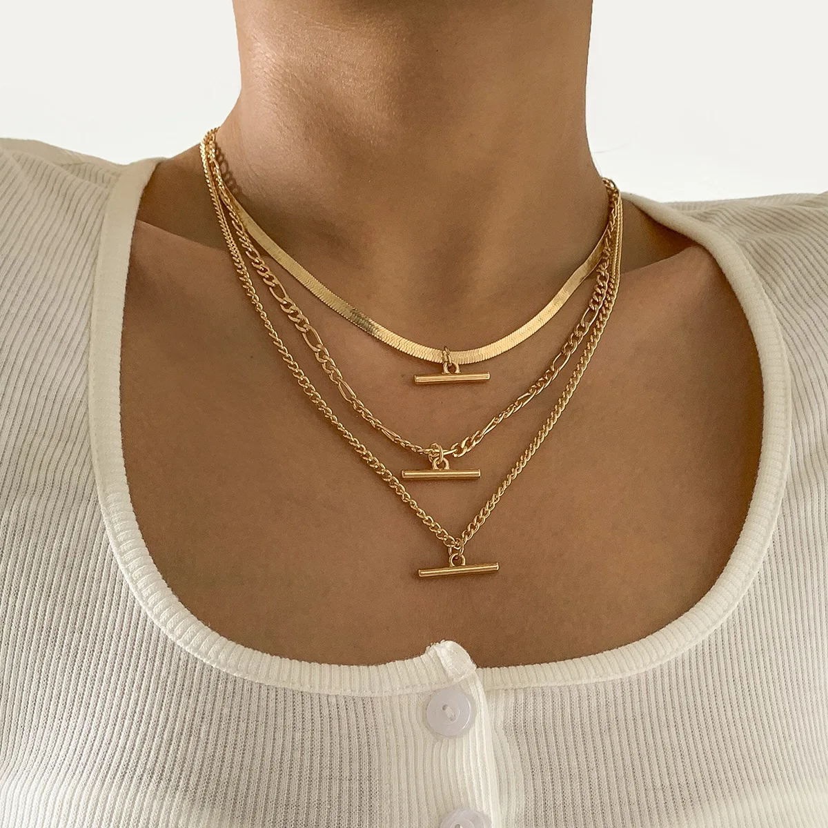 

NK-1253 Simple Copper Chain Necklace Fashion Multi Layer Geometric Alloy T-shaped Necklace Jewelry for Women, As show picture
