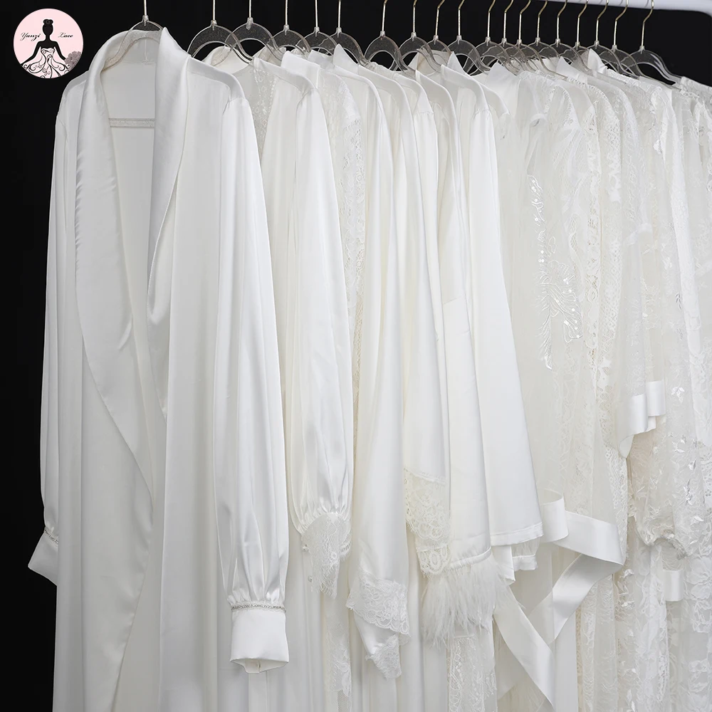

Yanzi wholesale sexy lace bridal robe white robe de mariage sleepwear dressing gown bathrobe women nightdress bridesmaid robes, Customizable colors