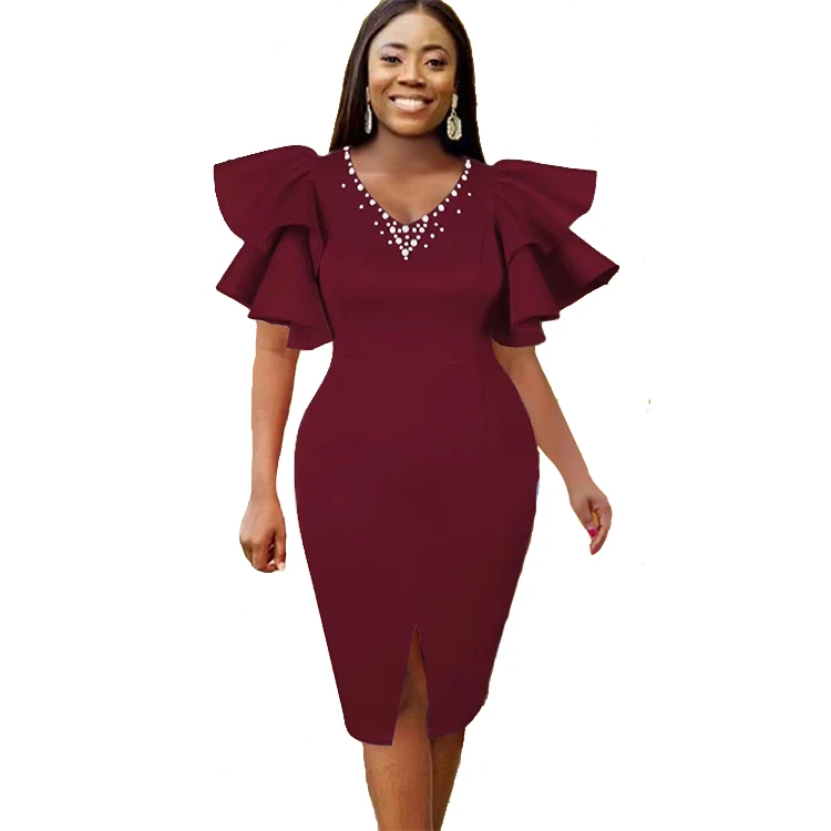 

Large Beaded Split Dress With Ruffle Sleeves And Buttocks African Women Party Dresses, Blue,red