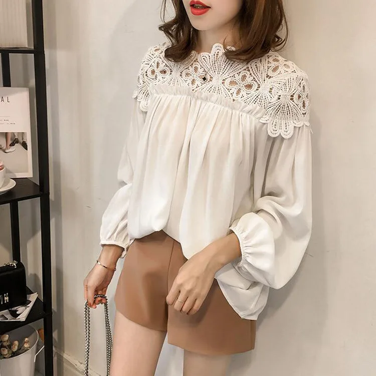 

2020 spring new lace chiffon blouse fashion elegant hollow long sleeve chiffon shirt female