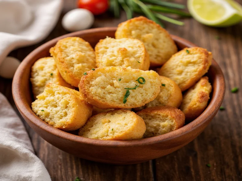 Golden homemade croutons in wooden bowl with fresh herbs