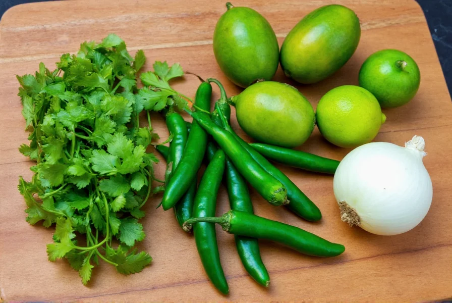 Fresh green chili salsa ingredients arranged on wooden table: tomatillos, jalapeños, cilantro, limes, and white onion