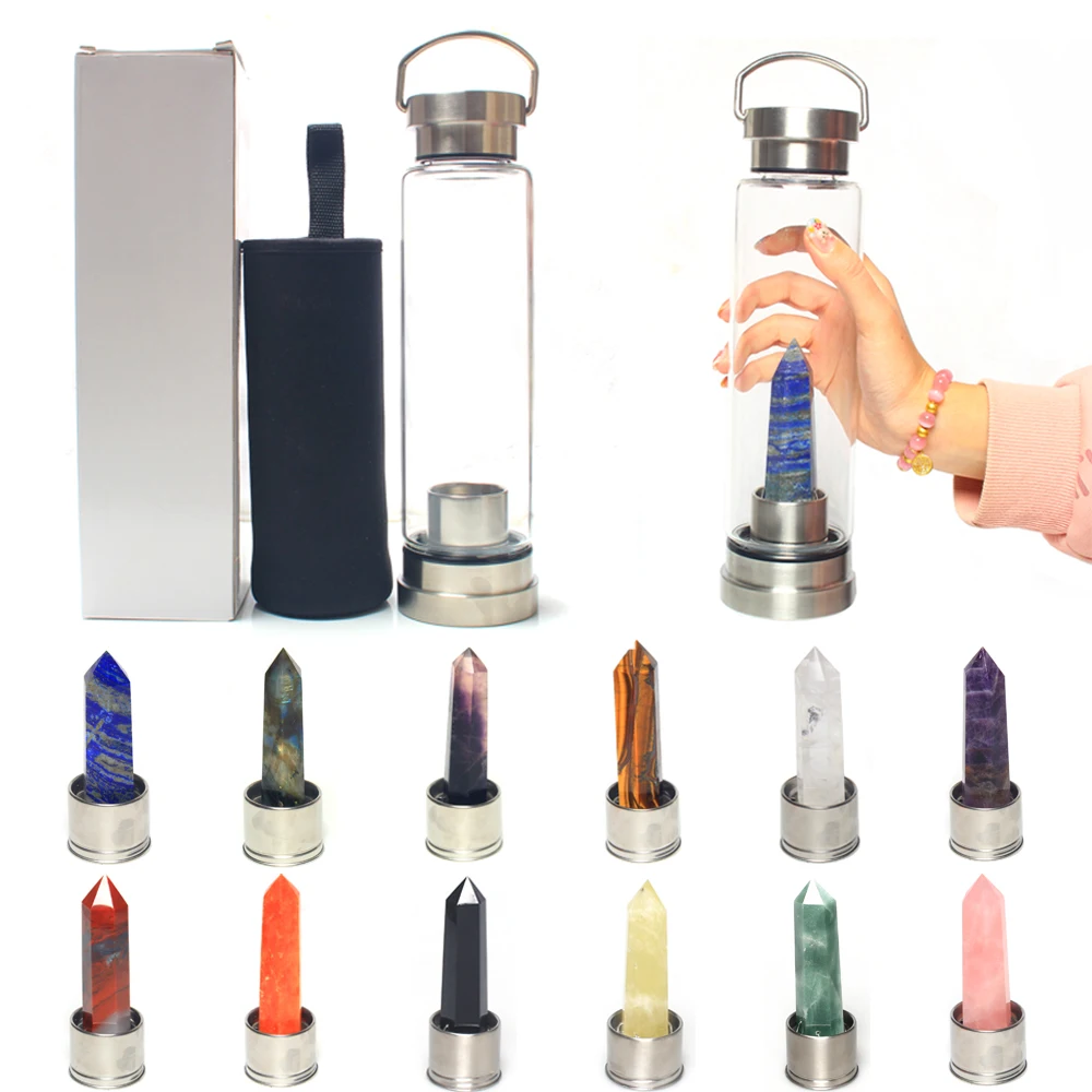 

Wholesale natural crystal wand points tower healing stones infused drink elixir glass stainless steel crystal water bottle