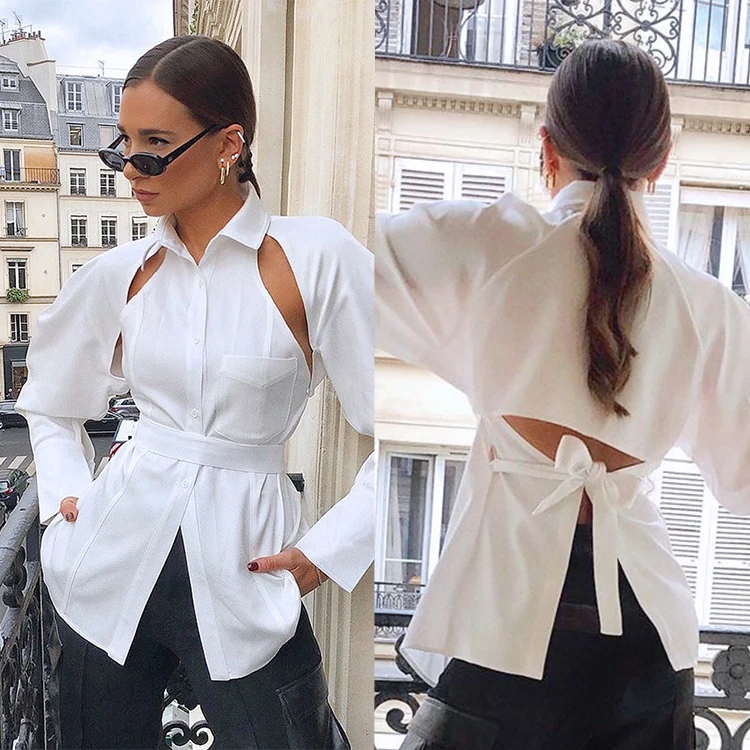 

High Street Hollow Out Fashion Strappy Tops Office Ladies Button Pocket Backless Long Sleeve Casual Shirt Women Blouses