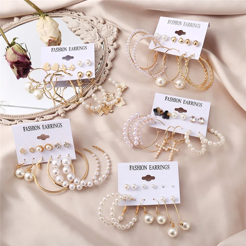 

New Arrivals Imitation Pearl Cross Big Hoop Earring Set Fashion Pearl Butterfly Dangle Earrings for Women, Gold plated