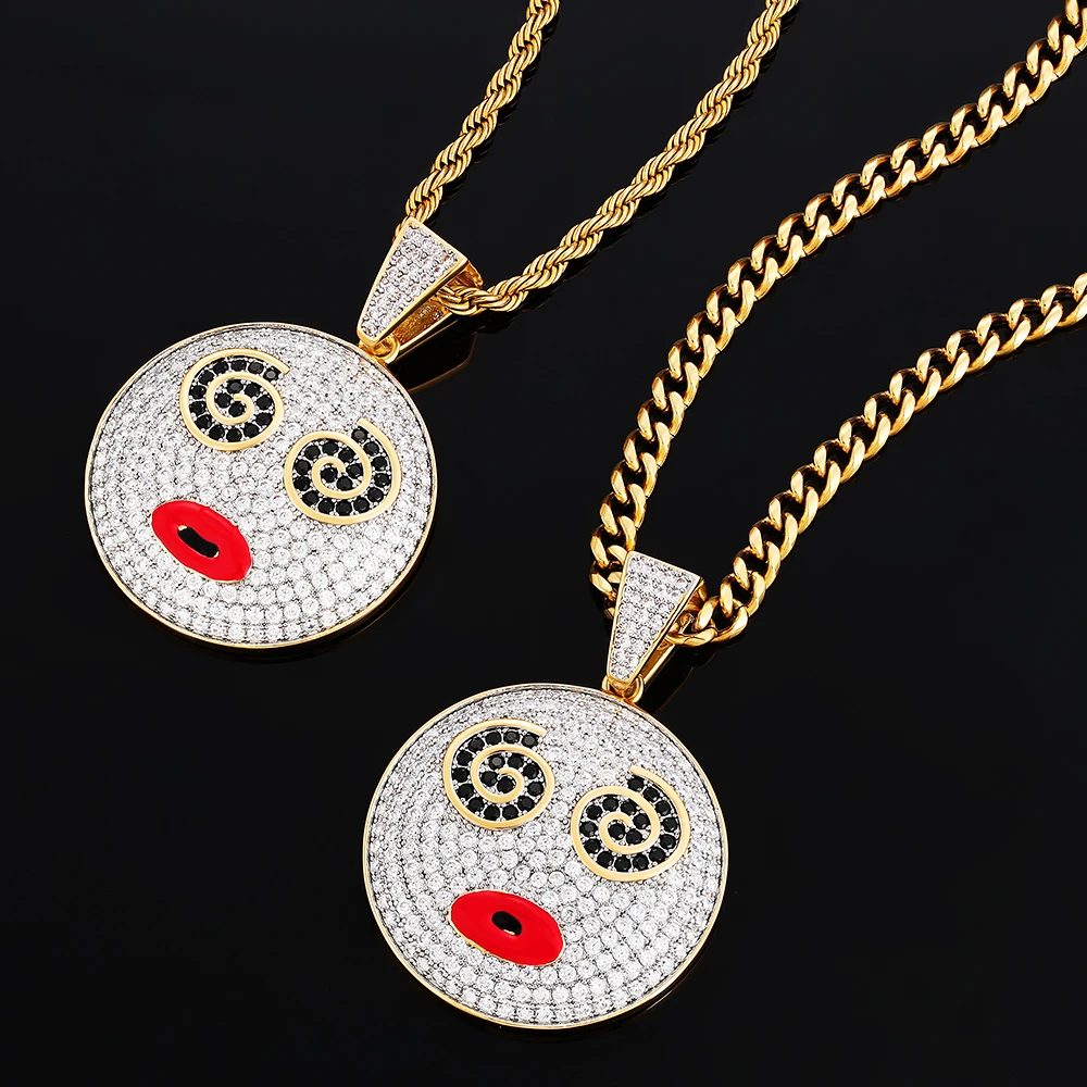

KRKC 14k Gold Micro Pave Emojii Pendant Face Shape Stainless Steel Necklace Custome Sun Happy Smile Smiley Face Pendant Jewelry