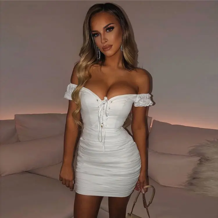 

2021 New arrival Casual Short High Quality Solid One Piece Lady Fashion Night Club Mini Bodycon Black African Pleated Dress