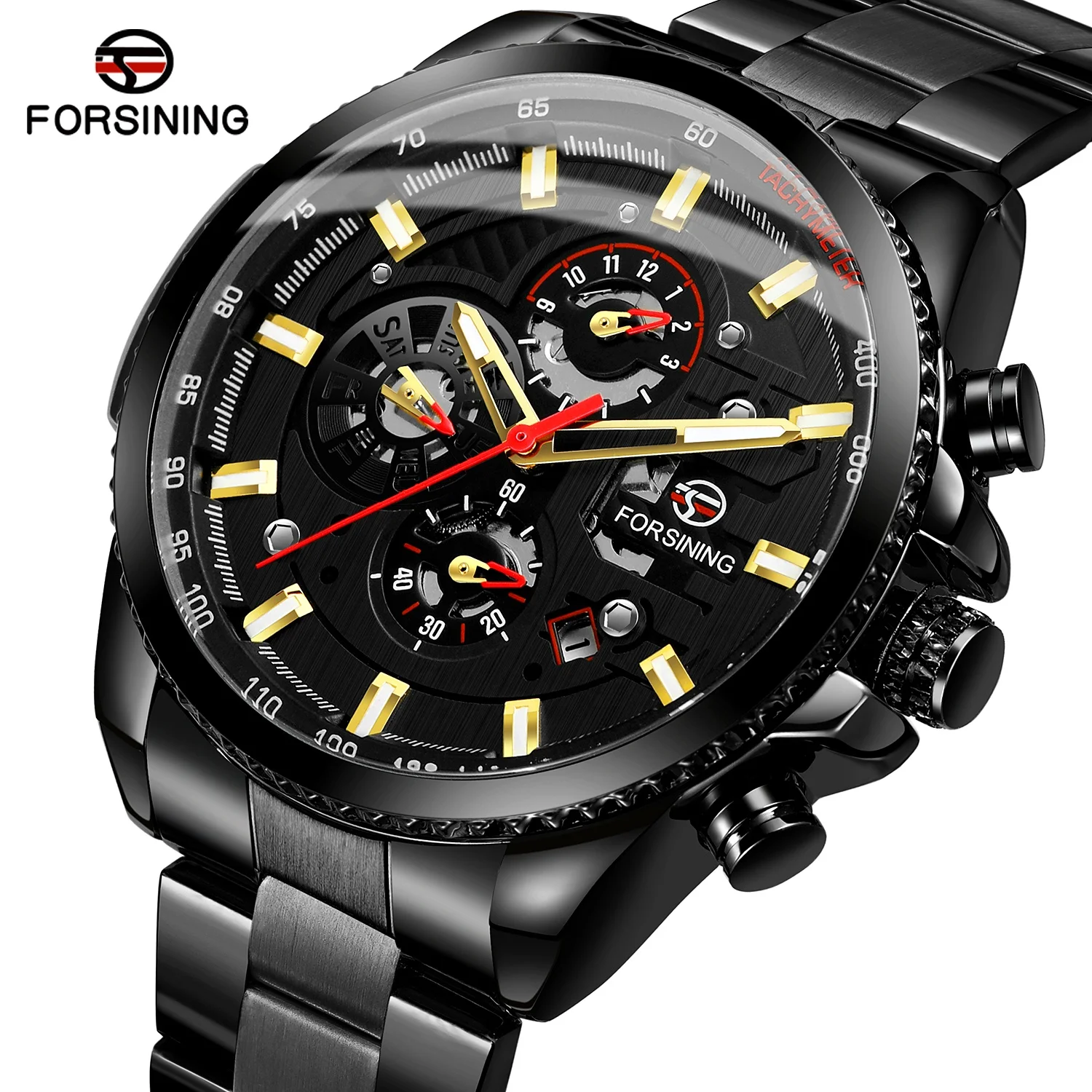 

FORSINING watch Men Noble 3ATM Water Resistant Date Custom Logo Man Watches Stainless Steel Automatic Mechanical Watch for man, Black
