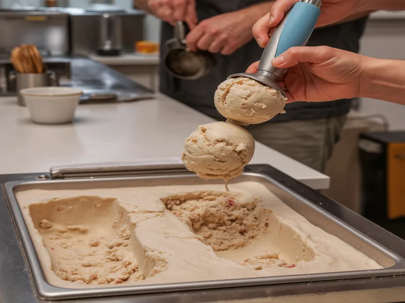 Artisan scooping homemade ice cream with visible kitchen
