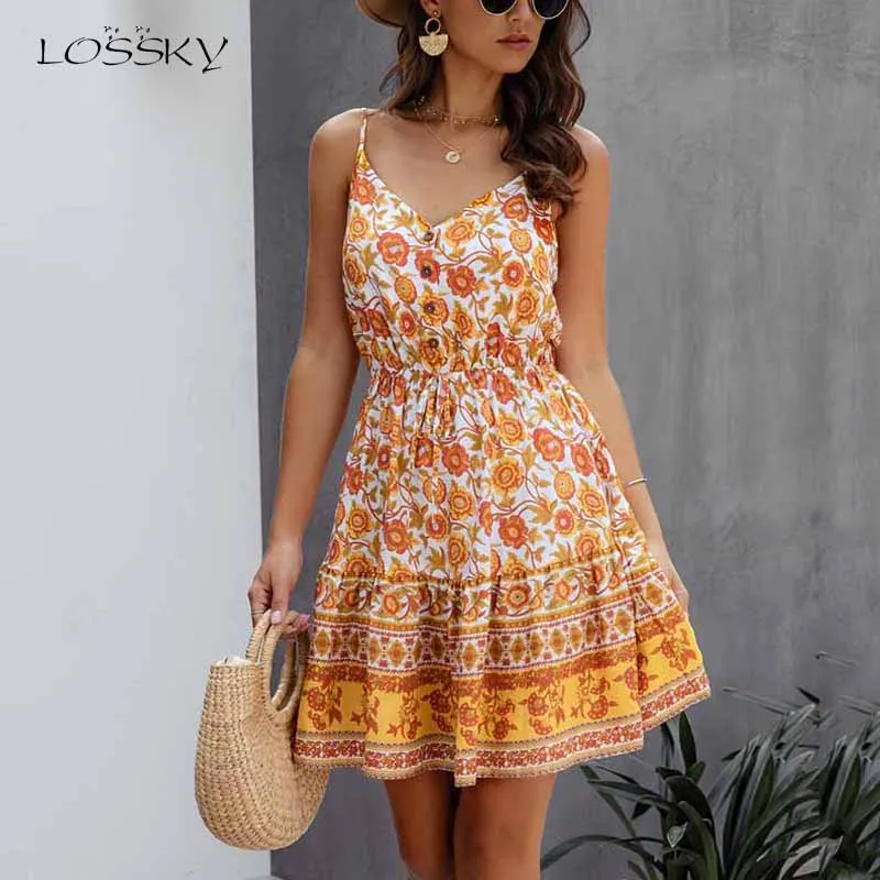 

Aselnn Summer Women Print V-Neck Dress Buttons Cotton Mini Sundress Fashion Boho Beach Sexy Short Backless Slip Elastic Waist