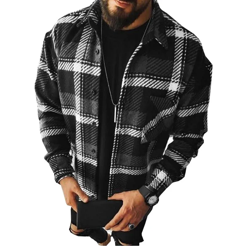 

Wholesale Oversized Cardigan Lapel Long-sleeved Pocket Men Designers Plaid Cotton Flannel Shirt, Custom color