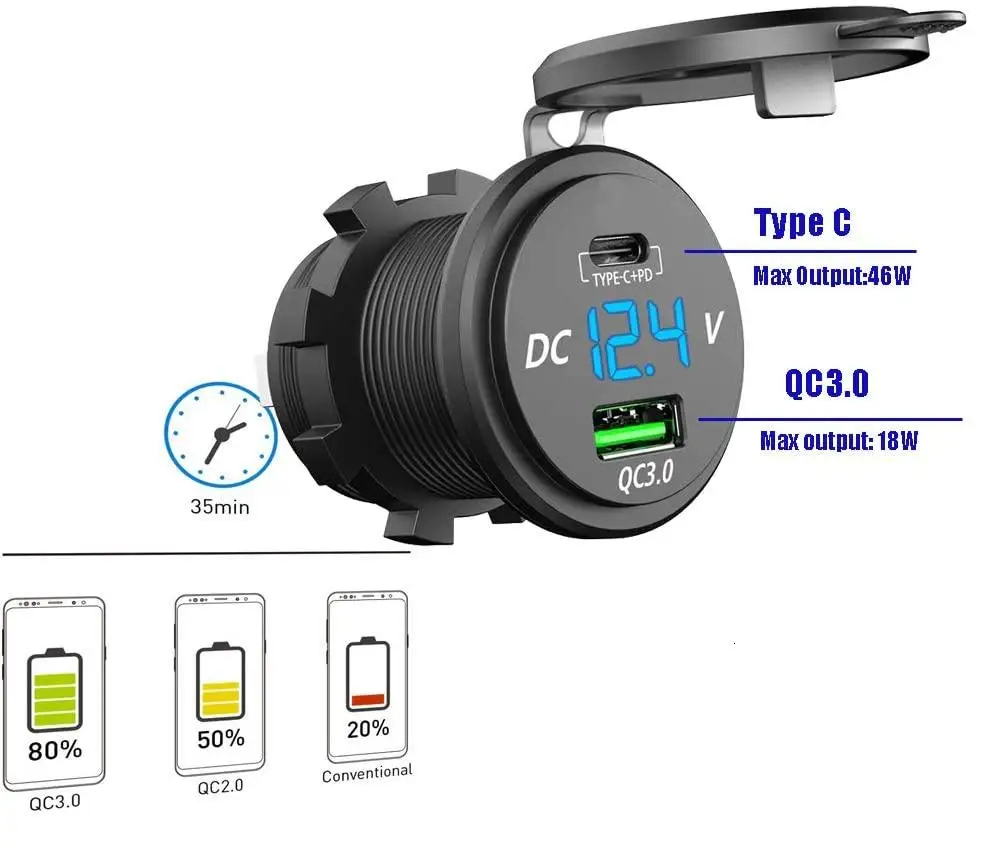 

36W Fast PD USB-C Car Charger with USB Quick Charge 3.0 and Type C Charger Socket with LED Digital Voltmeter for all phones