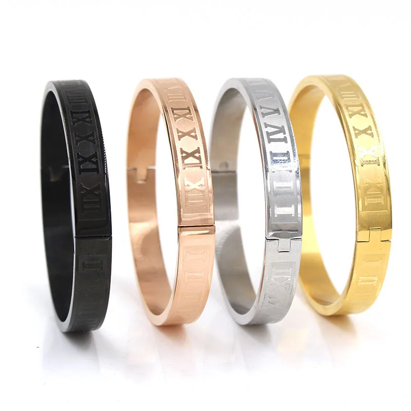 

VRIUA Roman Number Couple Bangles Black Rose Gold Silver Color 6MM/8MM Width Women Men Cuff Bracelet Valentine's Day Gift
