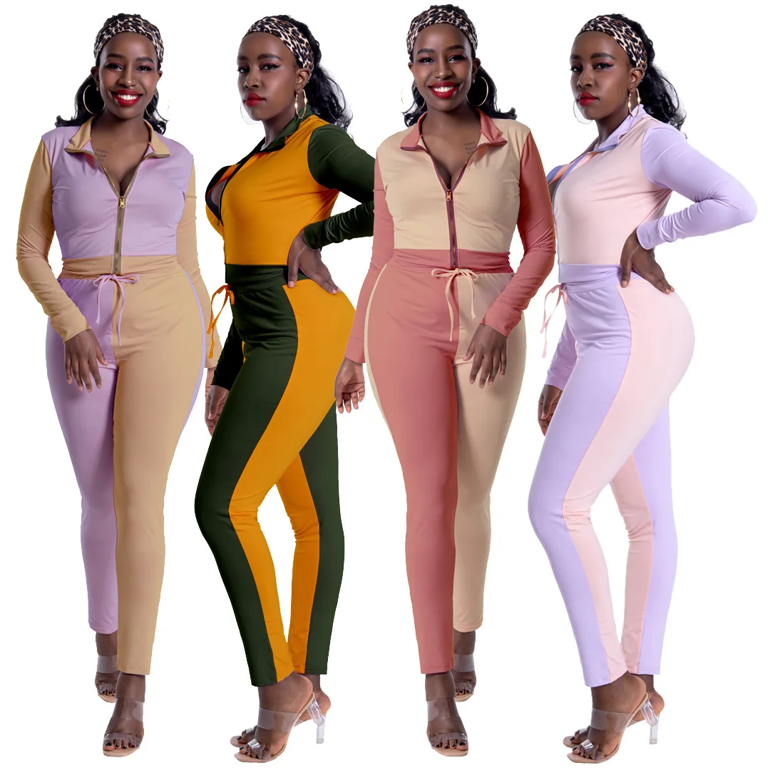 

A156 Fashion 2 Piece Set Clothing Casual Cropped Women 2 Pcs Tracksuit Sets Patchwork Zipper Long Sleeve Women Sweat Suit Set, Pink, orange, purple, apricot