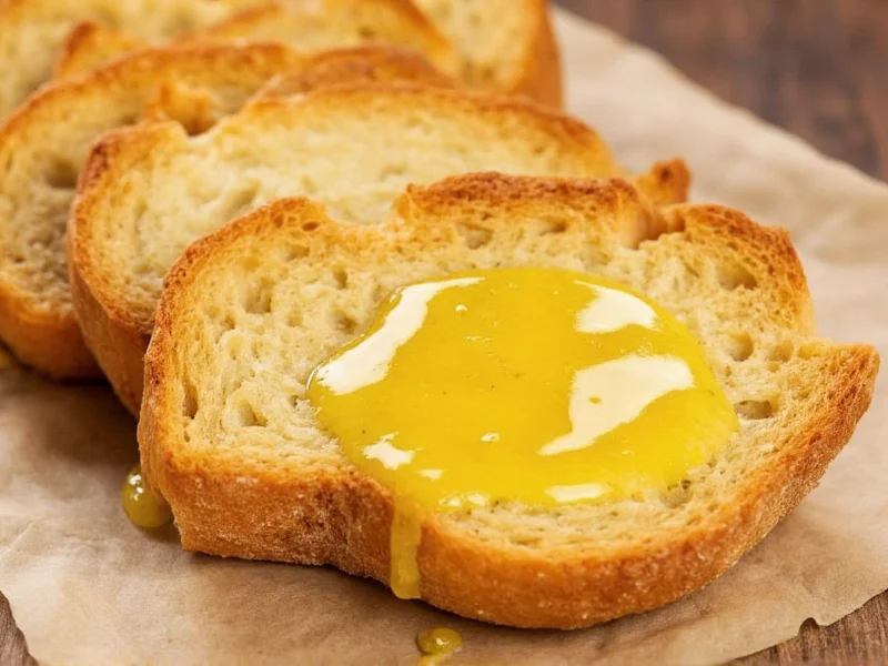 Golden garlic bread slices with melted butter pooling
