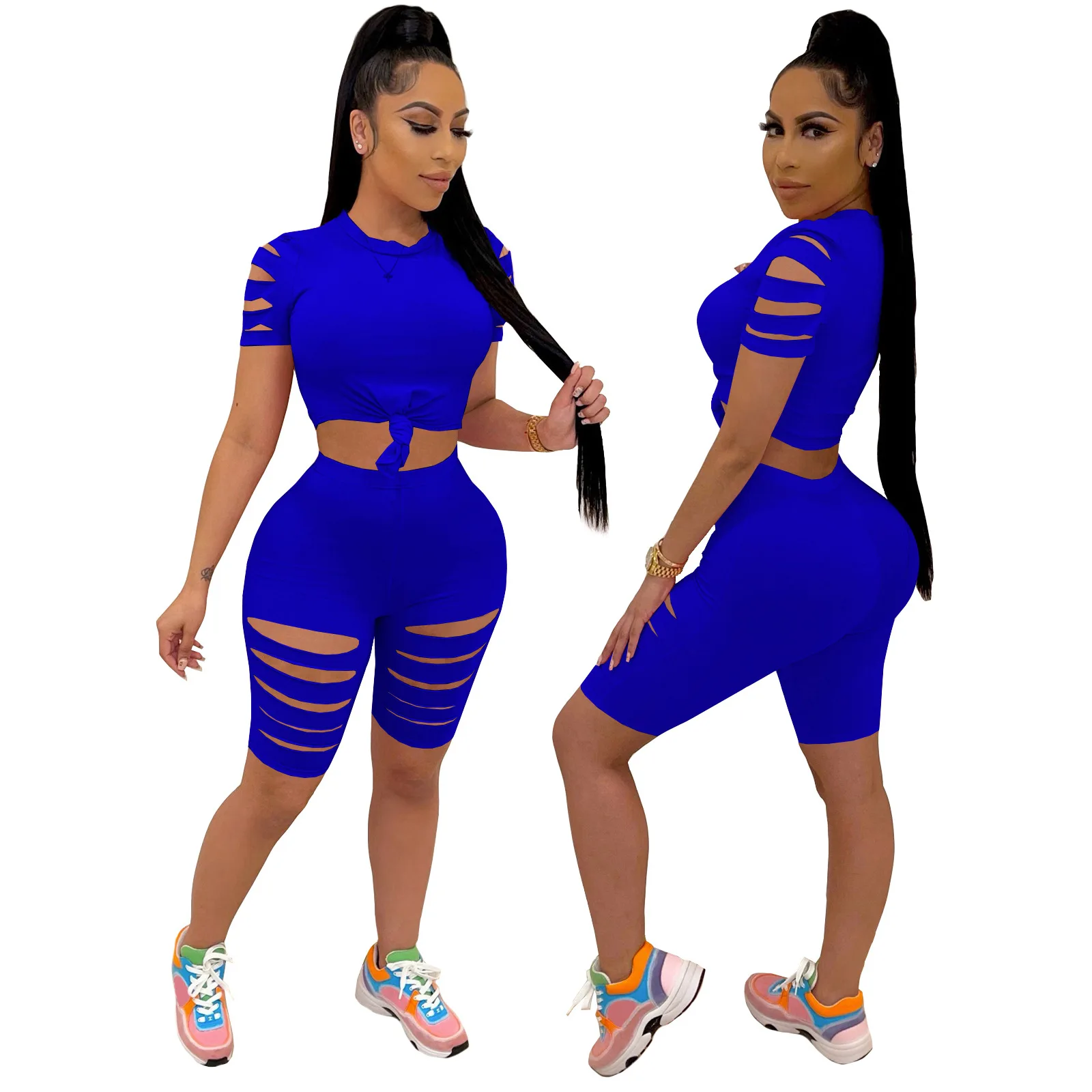 

Summer 2Pieces Outfits Crop Top Hollow Out Burnt Flower Plus Size Rompers Casual Women Two Piece Short Set