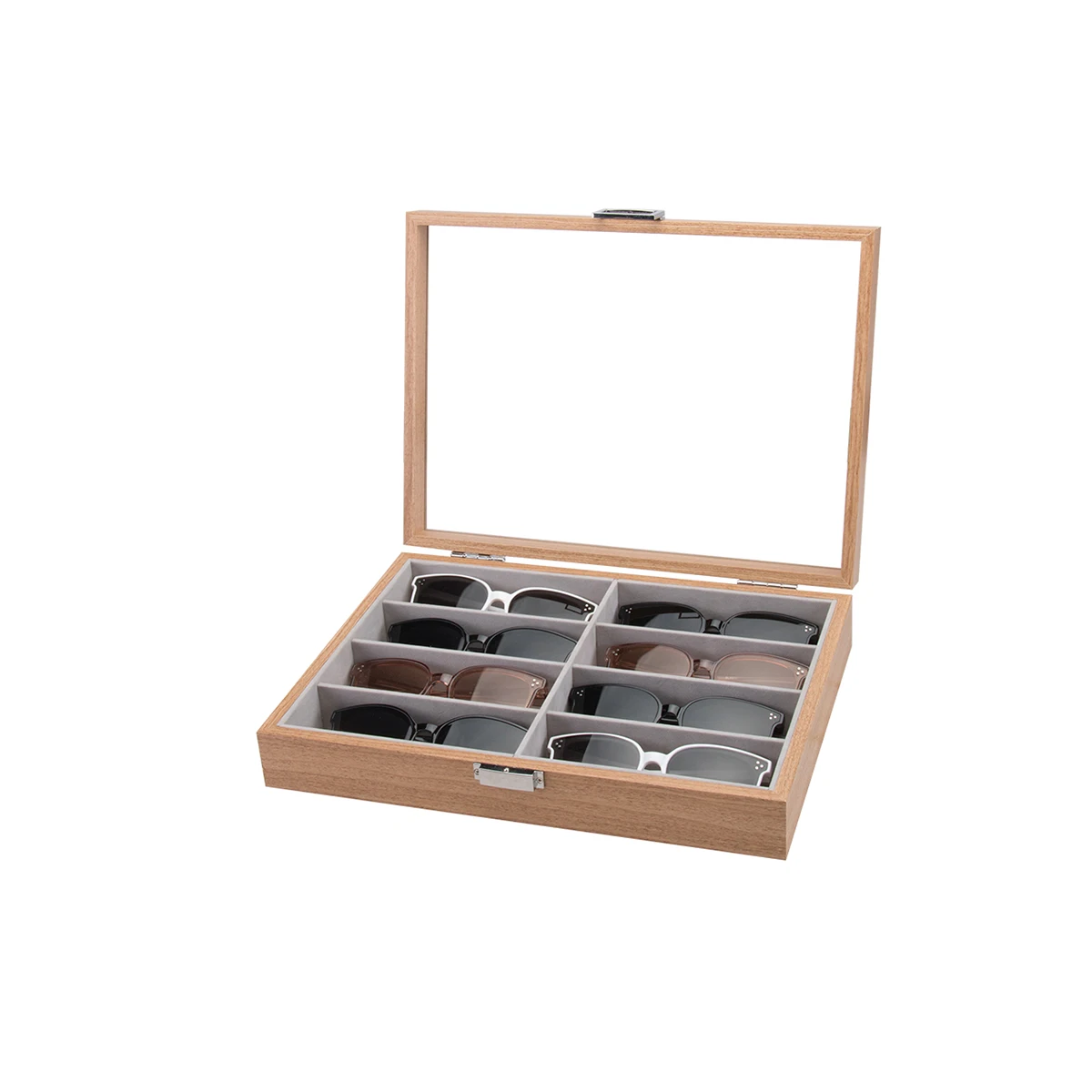 

Luxury Wooden Box Packaging Modern Storage Box Sunglasses Tray In Wood Material With 8 Compartments