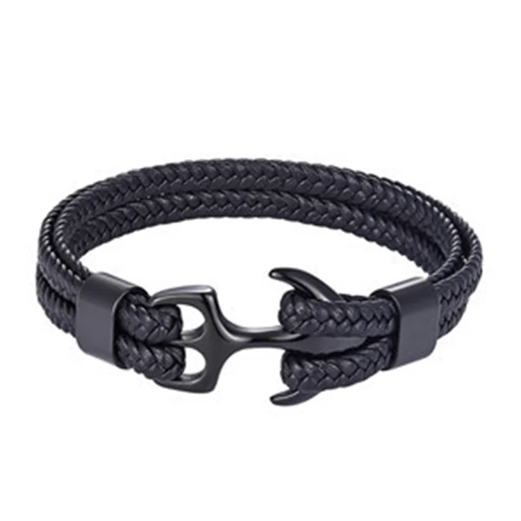 

Wholesale Custom Logo Fashionable Man Nautical Jewelry Stainless Steel Hook Anchor Men's Real Genuine Leather Bracelets