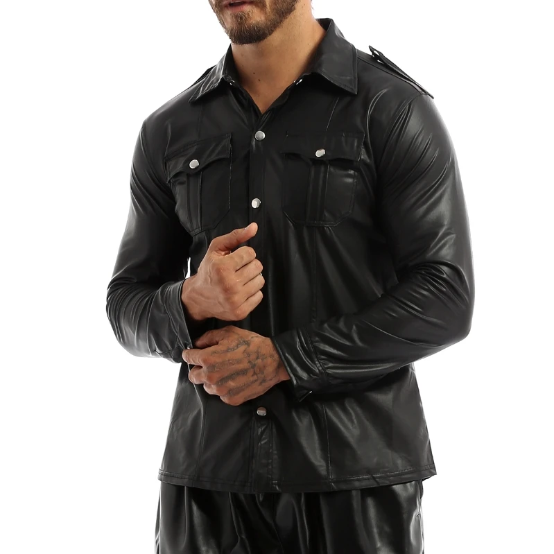 

Manufactor Men Wet Look Patent Leather Long Sleeve Shirt Tops Hip Hop Biker Black Jacket Clubwear