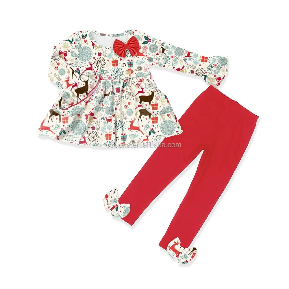 

High Quality Christmas Deer Cotton Full Sleeve Shirt with Bow Two Pieces Set Girls, Picture