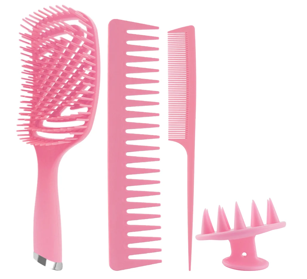 

4 packs Curved Vented Brush Wide Tooth Comb Rat Tail Comb Detangling Brush Hair Brush Set, Customized color