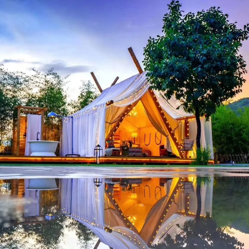 

Tourle original design romantic waterproof wooden pole family tent canvas wall luxury glamping safari tent
