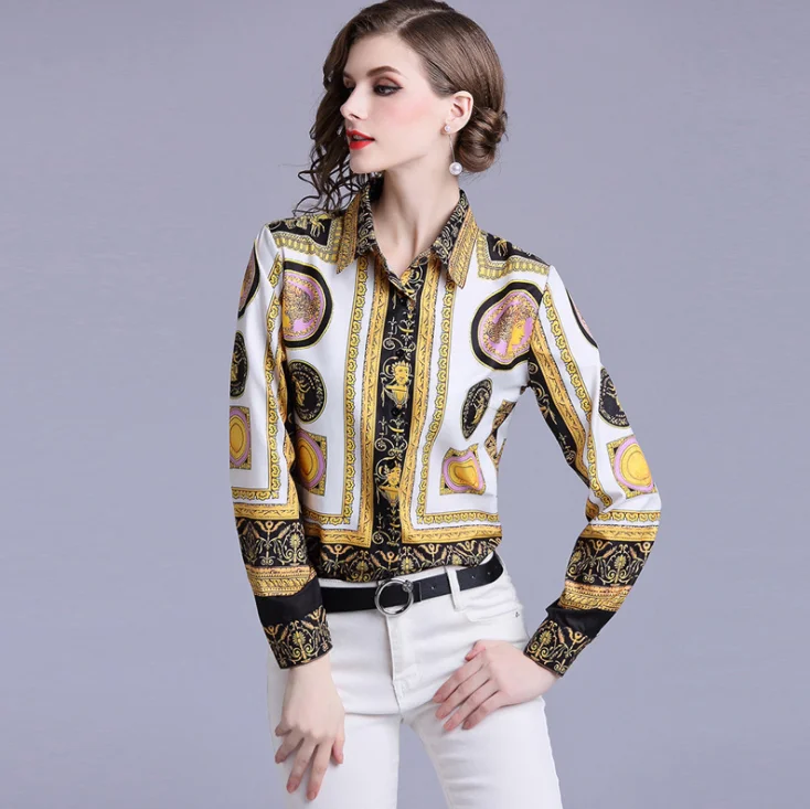 

Wholesale Stripe Elegant Women's long sleeve Shirt Custom Womens Linen Shirt with all over print