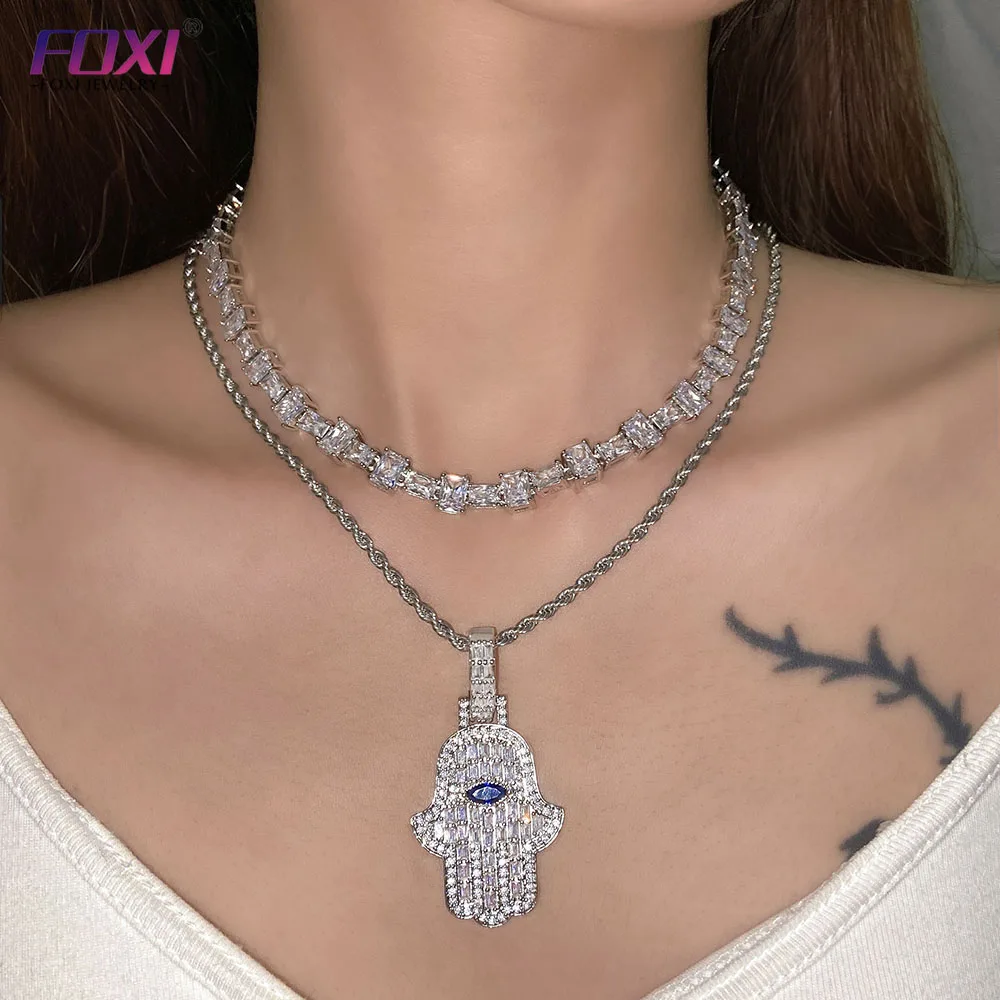 

18K Gold Plated Jewelry Bling Bling Zirconia Diamond Evil Eye Hamsa Hand Pendant Necklace