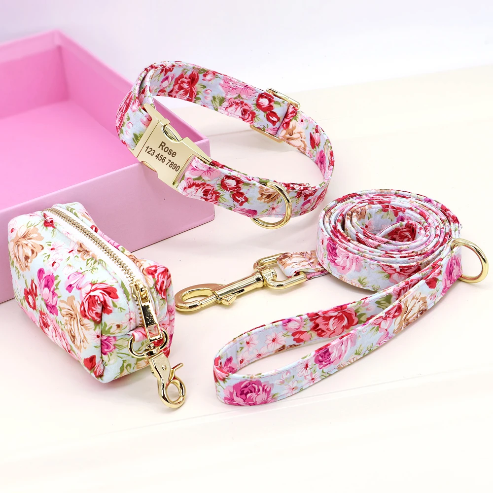 

Flower Dog Collar Leash Set Custom Small Medium Large Dog Pet Collars Floral Print Nylon Dog Collars with Treat Bag Snack Bag