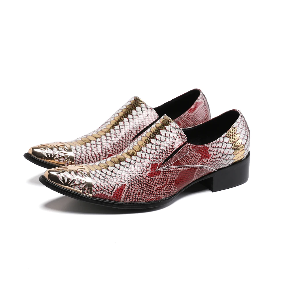 

NA374 Pointed Iron Toe Men's Shoes Luxury Design Gold Leather Crocodile skin Dress Shoes Men for Party and Wedding Male