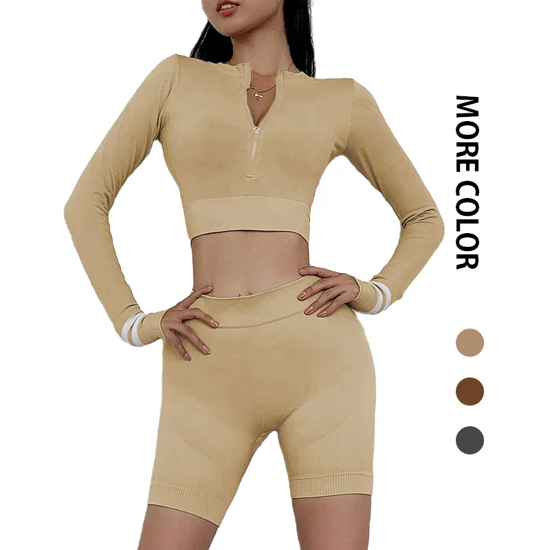 

Fitness long sleeved with zipper and women sport custom yoga short nylon gym set