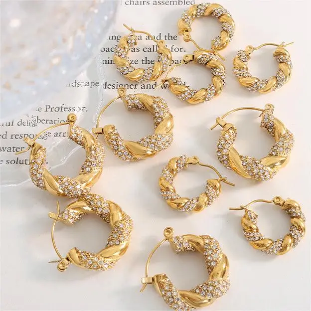 

MARONEW Women gold plated jewelry screw back piercing zircon stainless steel hoop earrings