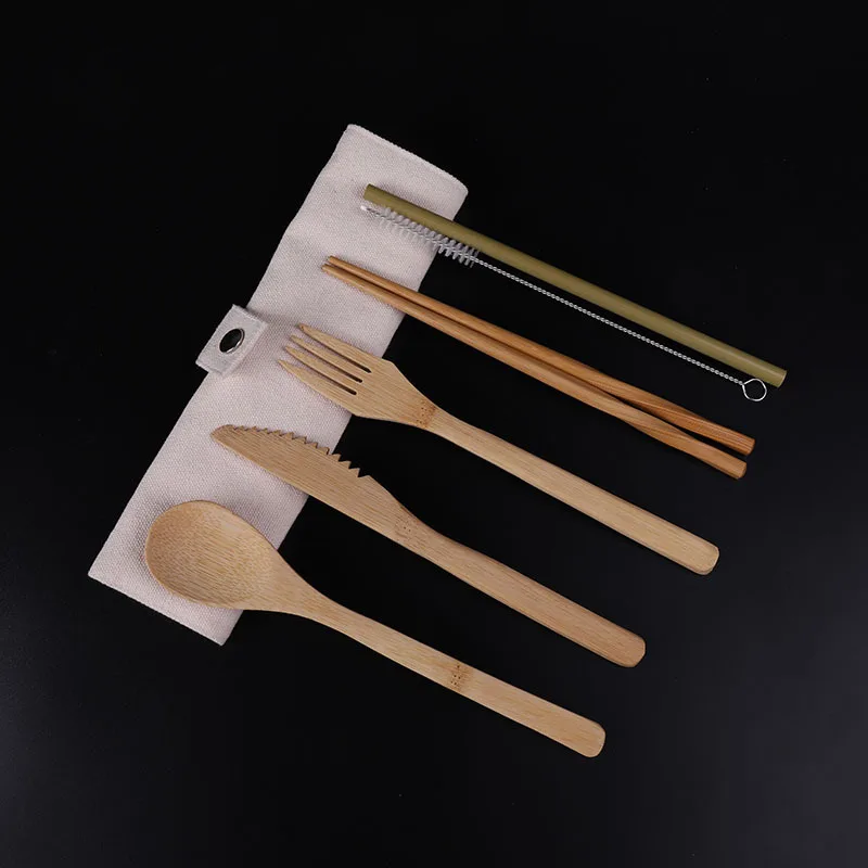 

Amazon Hot Biodegradable Bamboo Straw Spoon Fork Knife Travel Wooden Bamboo Cutlery Set