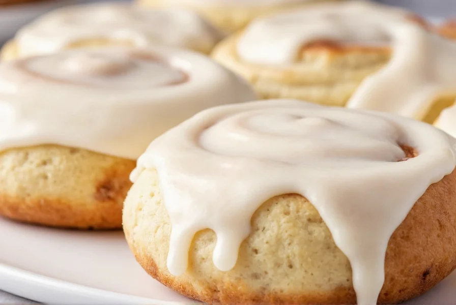 Step-by-step process of making cinnamon roll icing in a white bowl with whisk, showing smooth glaze texture