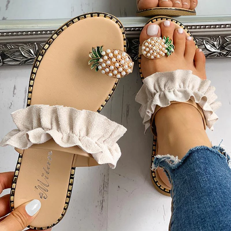 

Women Summer sandals Beach Pineapple Flat Slippers Outside Slides Zapatos De Mujer Shining Crystal Ladies Shoes