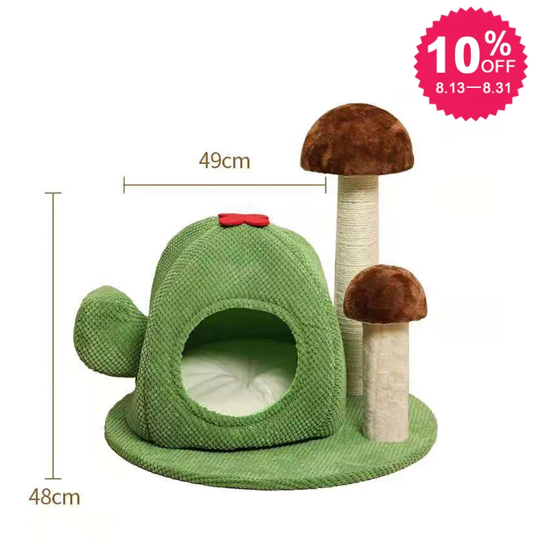 

On Sale China Supplier Sisal Scratching Post with Two Mushroom Round Playhouse Kitten Furniture Plush Cactus Scratching Cat Bed, As picture