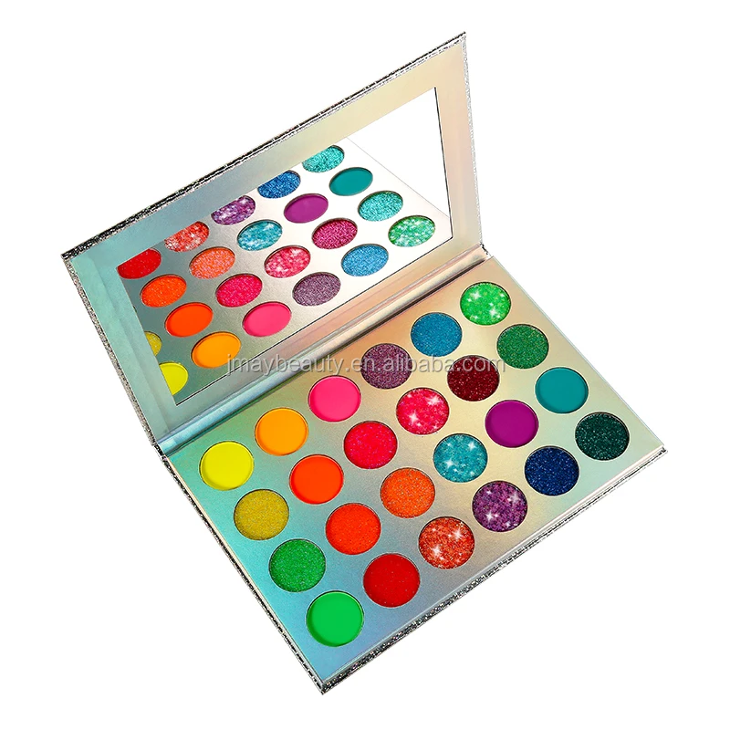 

High quality neon light pigment 24 colors vegan custom glitter eyeshadow palette with holographic rainbow eyeshadow packaging