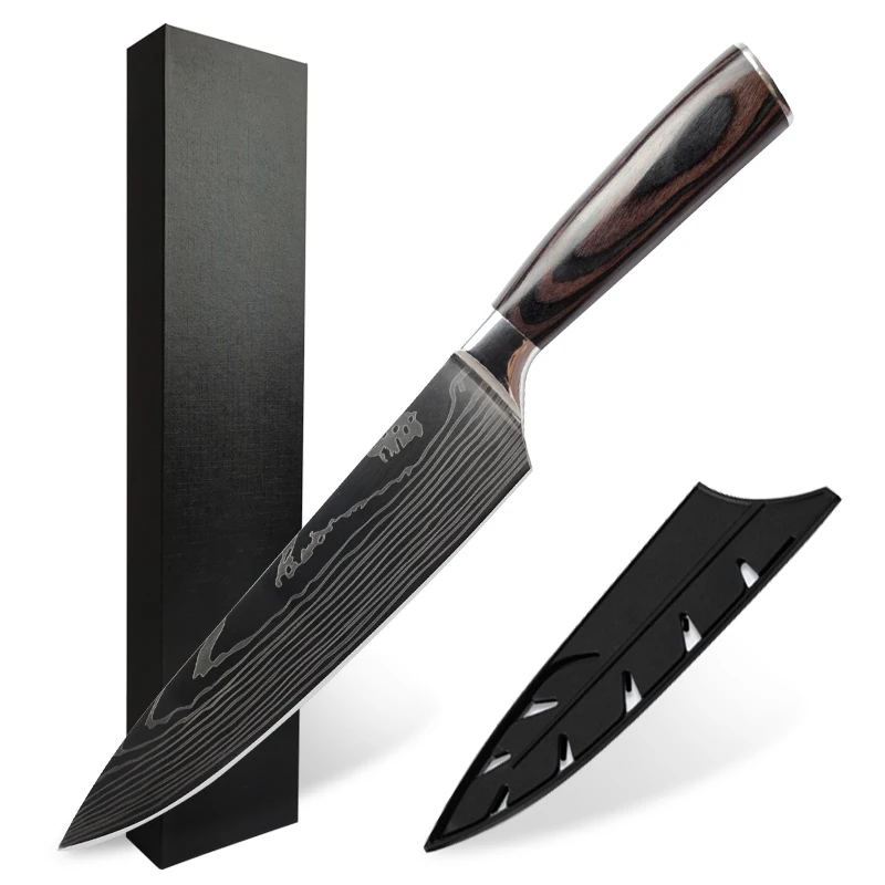 

Exquisite pattern stainless steel 8 inch chef kitchen knife with color wood handle