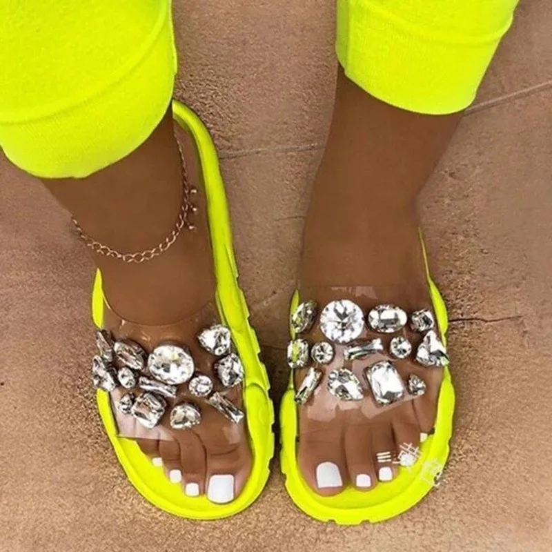 

Roman style transparent big Rhinestones soft bottom solid color for women slippers 2021 women's summer plus size beach slippers