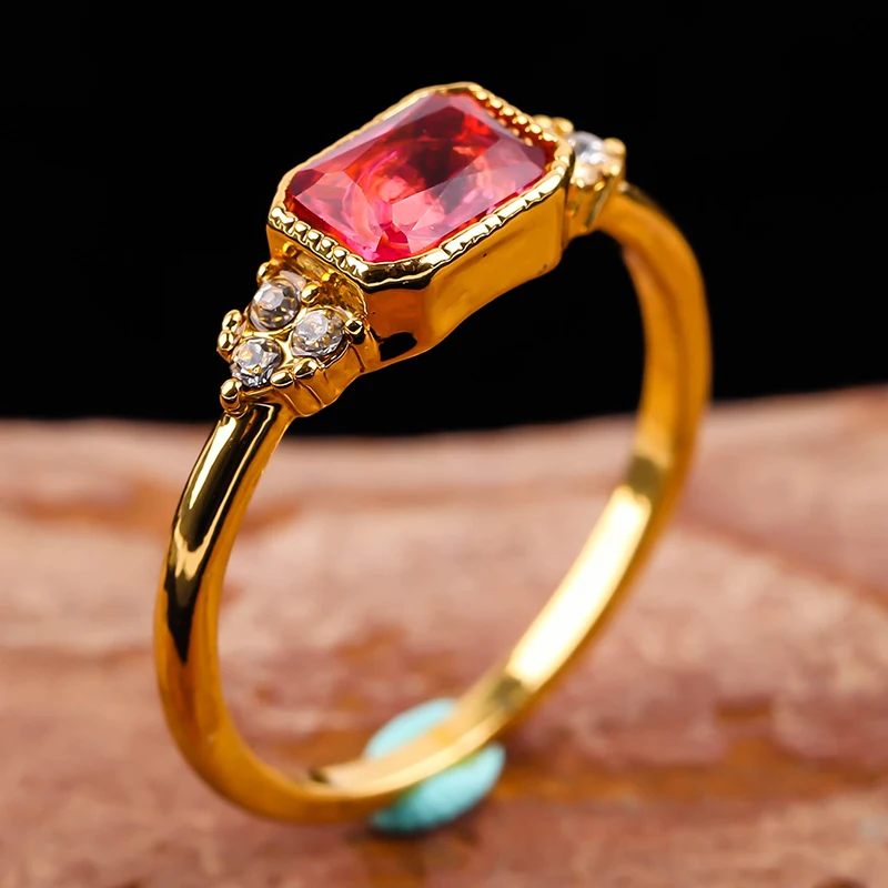 

New Item Gold Plating Bezel Setting Red Gemstone Ring Emerald Cut Ruby Zircon Ladies Wedding Ring, Silver