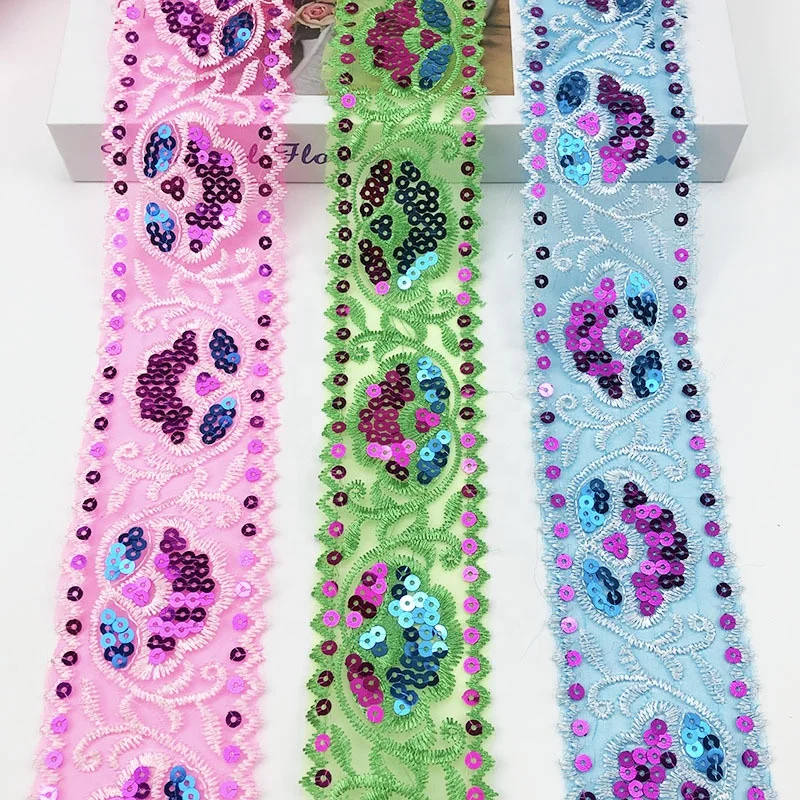 

2021 New Africa Ethnic Style Embroidery Mesh Sequin Lace Colorful Barcode Accessories Curtain Decorative Lace