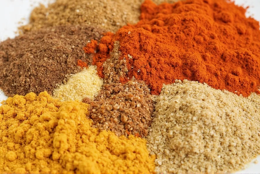 Spice rack with various spices including turmeric, cumin, coriander